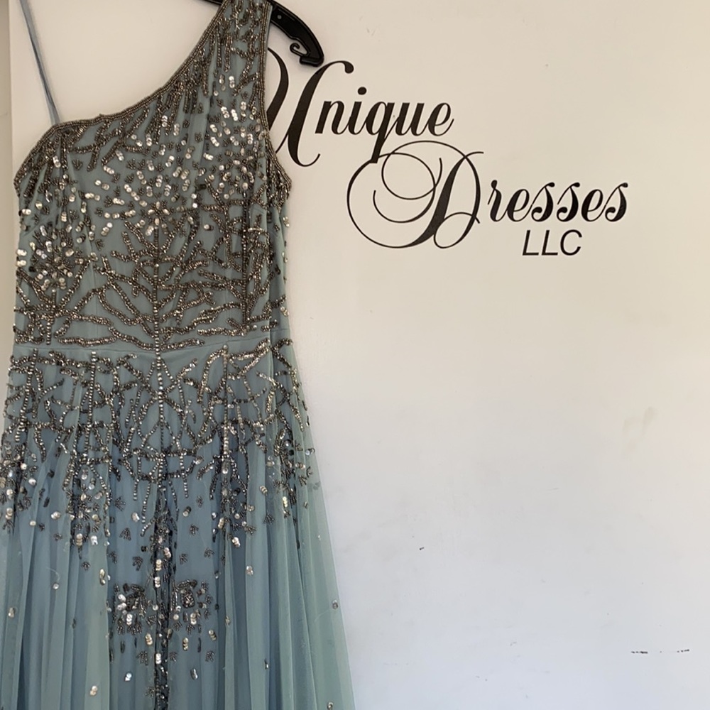 Adrianna Papell one shoulder light blue beaded long gown - Picture 8 of 13